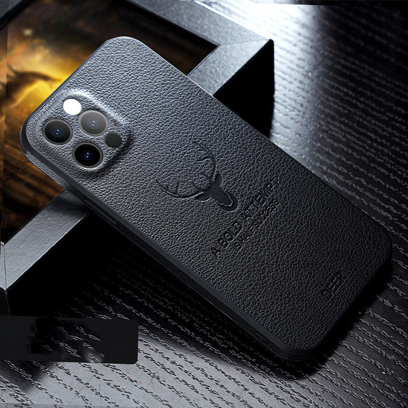 Close-up view of the intricate Deer pattern on the iPhone case's leather surface